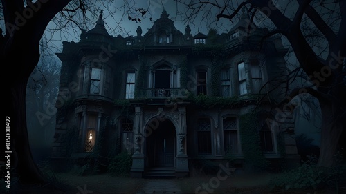 Dark, eerie mansion covered in ivy, with broken windows and a single dim light glowing inside. Bare trees surround the house, creating a haunting and mysterious Halloween atmosphere.