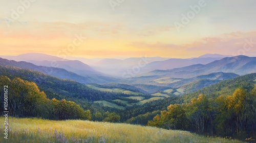 Capture a serene, panoramic view of a magnificent valley at dawn, highlighting the loan field in rich oil painting textures