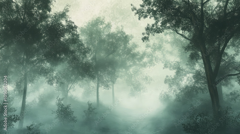 A fog-covered forest scene with muted green and gray tones, the trees fading softly into the mist, creating a peaceful and mysterious atmosphere A fog-covered forest scene with muted green and gray tones, the trees fading softly into the mist, creating a peaceful and mysterious atmosphere