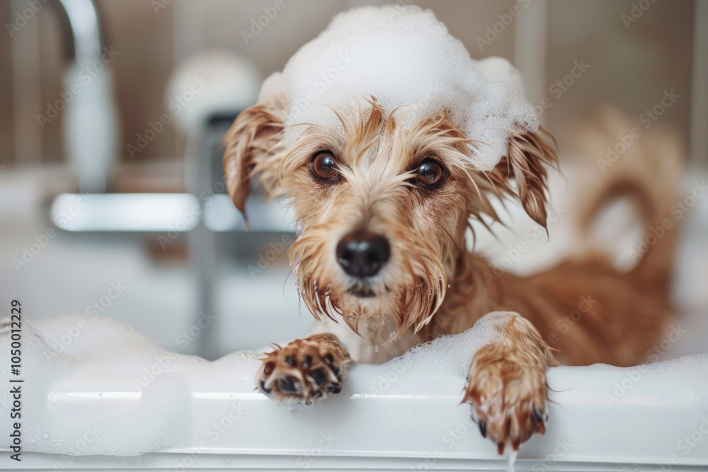 Wet dog in a bathtub with bubbles on its head, capturing a cute and playful bath time moment Wet dog in a bathtub with bubbles on its head, capturing a cute and playful bath time moment