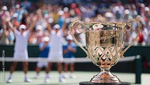 Tennis Championsip Trophy Standing on Podium with Tennis Court Background photo