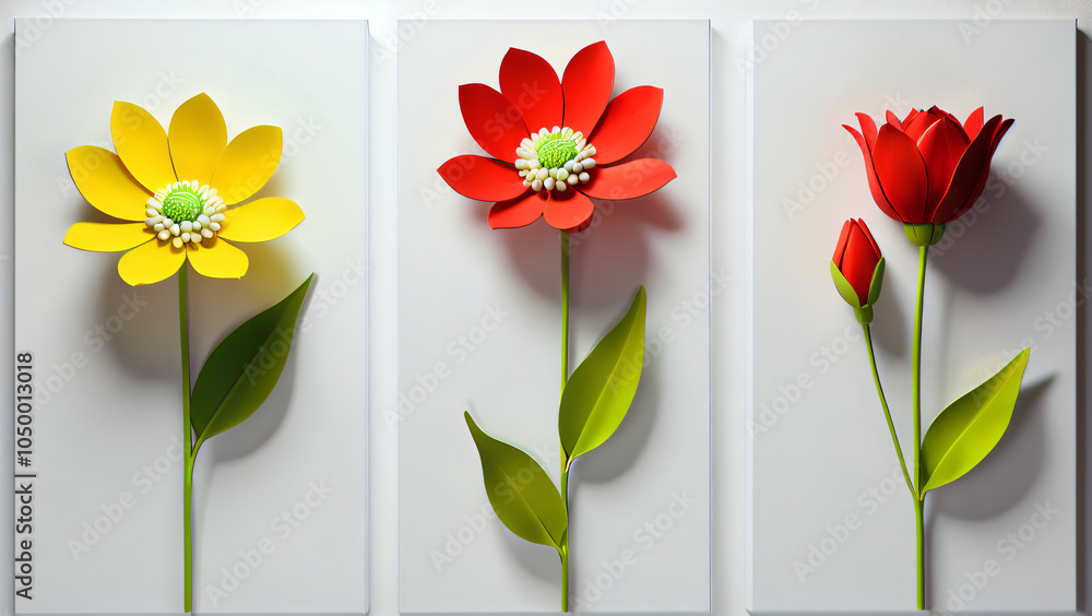 Obraz premium Three-dimensional paintings with decorative flowers in the style of minimalism: yellow and red flowers with detailed petals on a white background, which emphasizes the brightness and lightness 