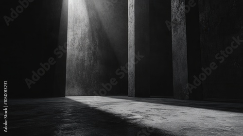 An abstract black and white background with a concrete floor and dark wall provides an empty canvas for displays or performances, enhanced by cinematic lighting that casts dramatic shadows.