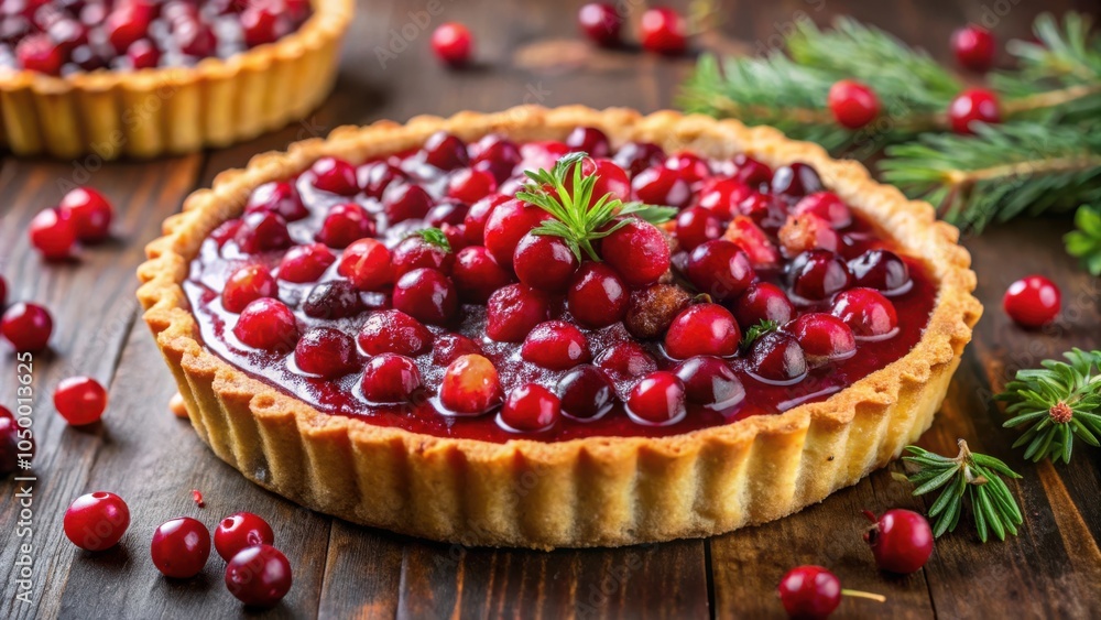 A rustic cranberry tart with a flaky crust and a glossy berry filling, surrounded by scattered cranberries and a sprig of evergreen, resting on a warm wooden table. A rustic cranberry tart with a flaky crust and a glossy berry filling, surrounded by scattered cranberries and a sprig of evergreen, resting on a warm wooden table.