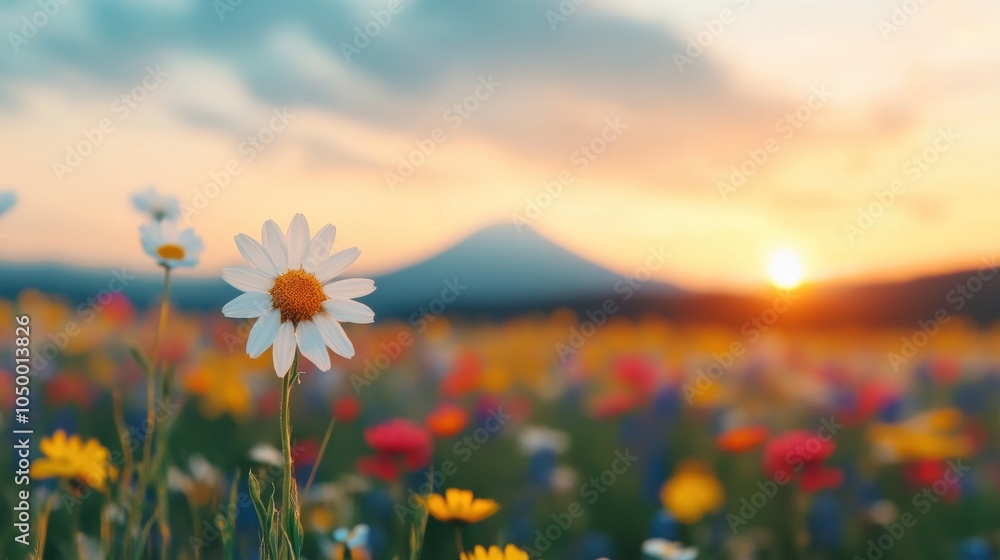Fototapeta premium Vibrant Wildflowers with View of Mount Fuji