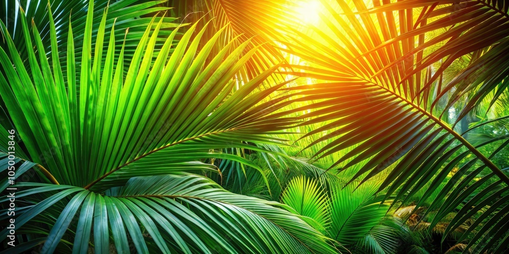 Obraz premium Close-Up of Lush Palm Leaves Illuminated by Sunlight, Tropical Vibes, Nature's Beauty, Greenery, Sun-Drenched Foliage, Exotic Plants, Refreshing Outdoor Aesthetics, Summer Vibes, Natural Patterns