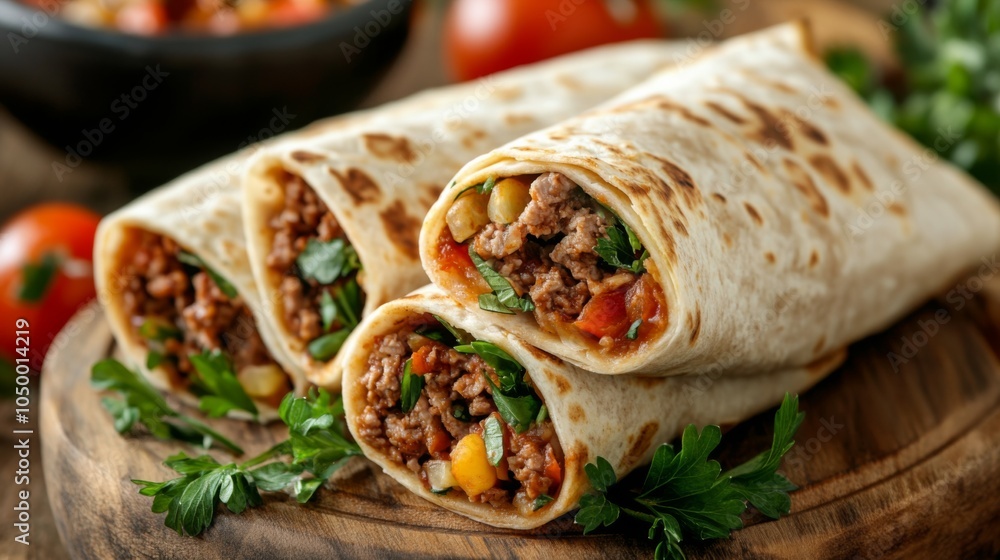 Elegant Presentation of Plated Burritos with Textured Background Elegant Presentation of Plated Burritos with Textured Background
