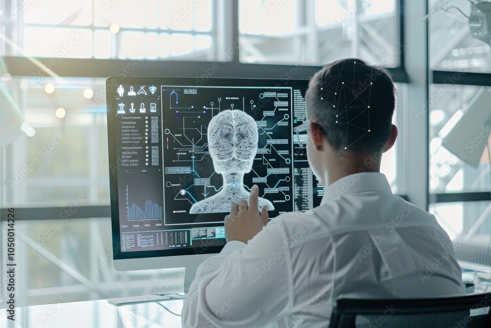 A man in a white shirt interacts with a futuristic technology interface on a large computer, surrounded by abstract data visuals and network connectivity elements. A man in a white shirt interacts with a futuristic technology interface on a large computer, surrounded by abstract data visuals and network connectivity elements.
