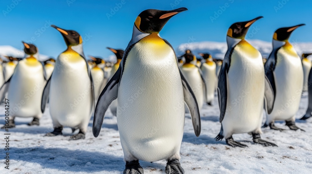 Fototapeta premium Penguins in Frozen Landscape Under Bright Blue Sky