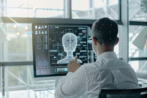 A man in a white shirt interacts with a futuristic technology interface on a large computer, surrounded by abstract data visuals and network connectivity elements.