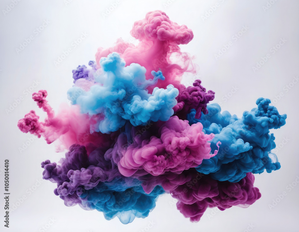 Obraz premium Acrylic color pigment and ink cloud in water. Abstract smoke on white background with copy space. Fancy dream cloud of ink underwater. Purple, blue and pink colors