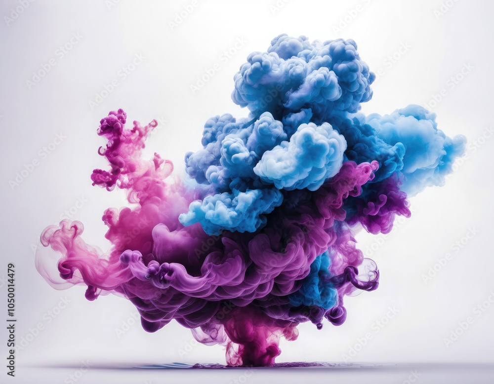 Fototapeta premium Acrylic color pigment and ink cloud in water. Abstract smoke on white background with copy space. Fancy dream cloud of ink underwater. Purple, blue and pink colors