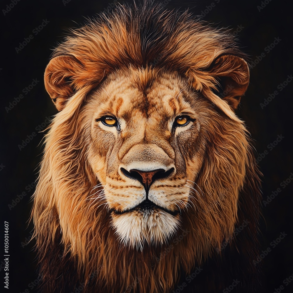 Naklejka premium Generate a close-up frontal view of an imposing lion, showcasing power and intensity with detailed realism in oil painting style