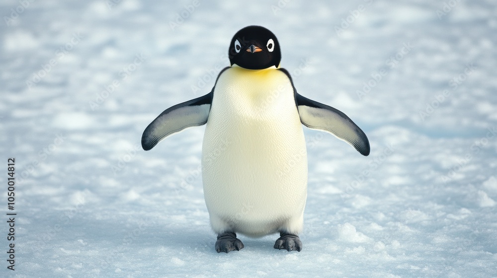 Fototapeta premium Penguin with Outstretched Wings on Icy Ground