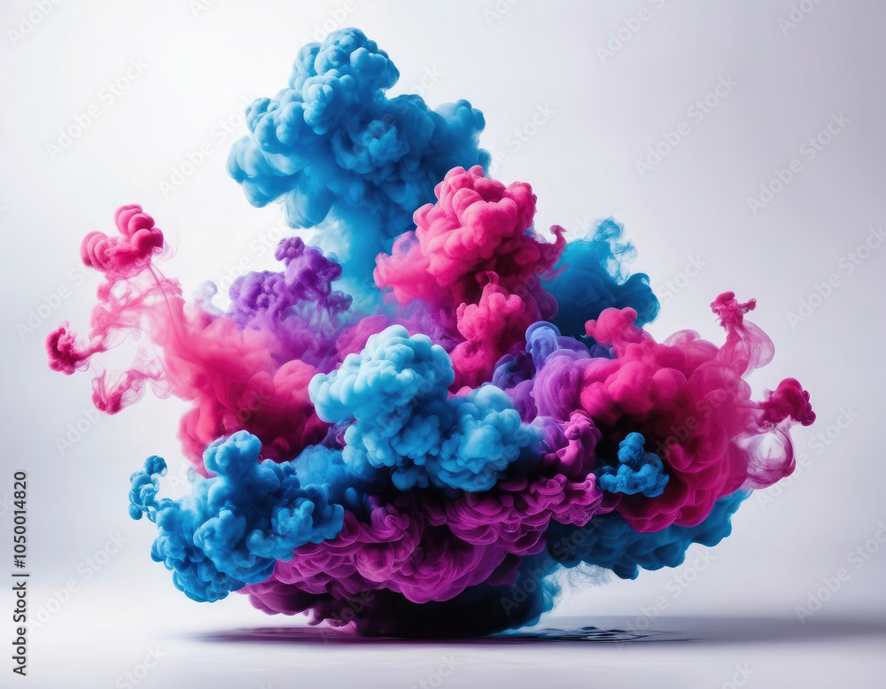 Acrylic color pigment and ink cloud in water. Abstract smoke on white background with copy space. Fancy dream cloud of ink underwater. Purple, blue and pink colors Acrylic color pigment and ink cloud in water. Abstract smoke on white background with copy space. Fancy dream cloud of ink underwater. Purple, blue and pink colors
