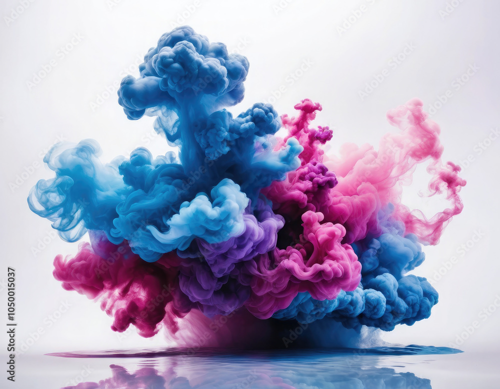 Fototapeta premium Acrylic color pigment and ink cloud in water. Abstract smoke on white background with copy space. Fancy dream cloud of ink underwater. Purple, blue and pink colors