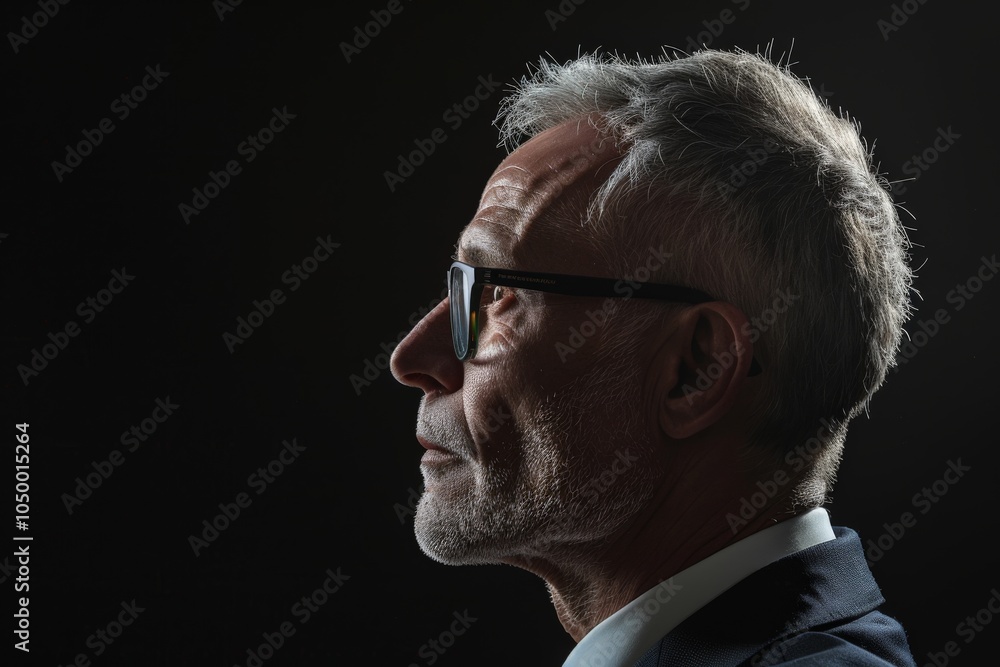 A side profile of a mature man, highlighting his thoughtful expression against a dark background, symbolizing wisdom, contemplation, and the passage of time. A side profile of a mature man, highlighting his thoughtful expression against a dark background, symbolizing wisdom, contemplation, and the passage of time.