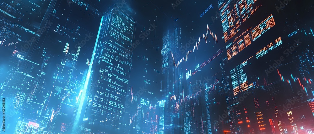 Naklejka premium Illustrate a sleek and modern digital representation of a panoramic stock market skyline