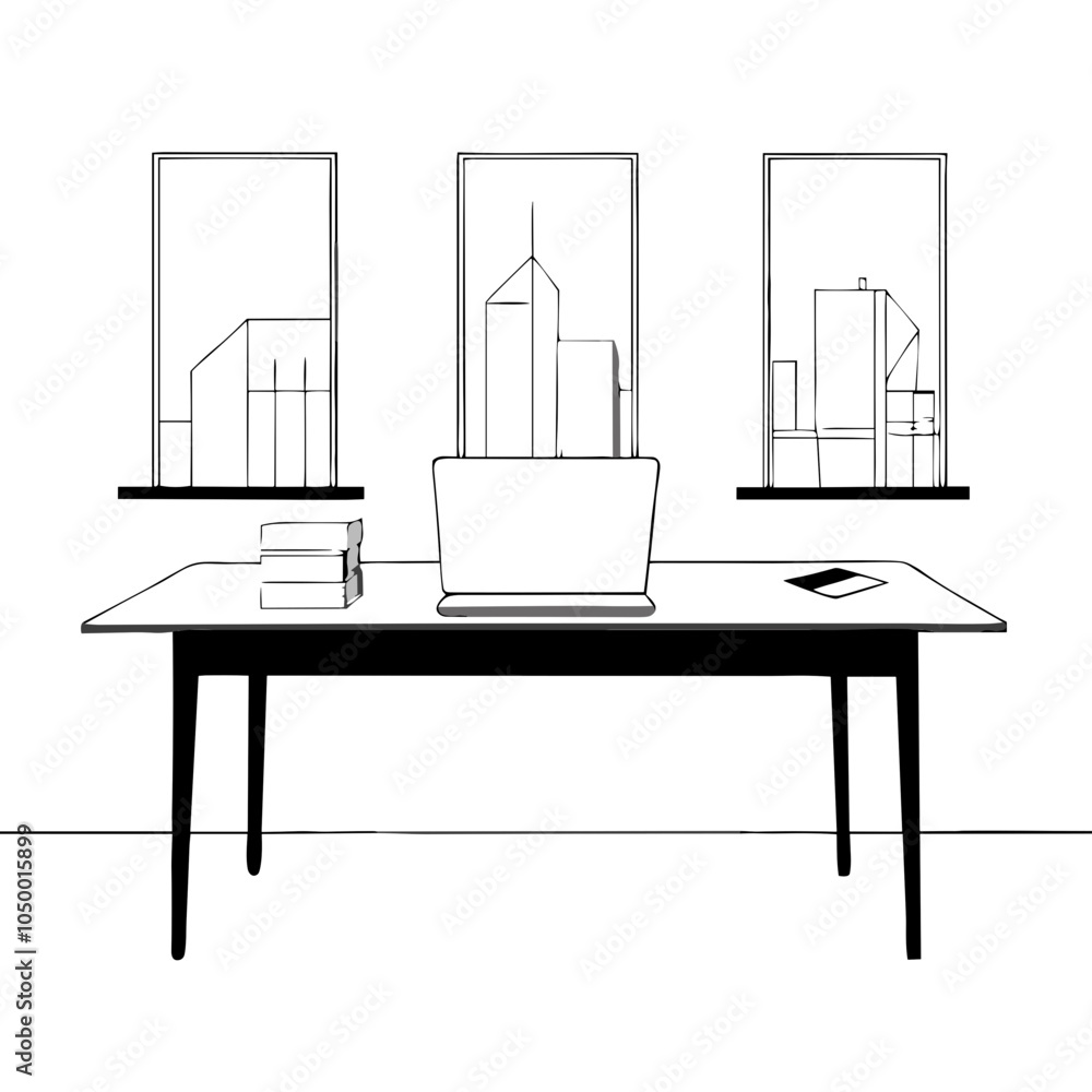 Minimalist line drawing of a workspace with a laptop and cityscape views, modern design, copy space Minimalist line drawing of a workspace with a laptop and cityscape views, modern design, copy space