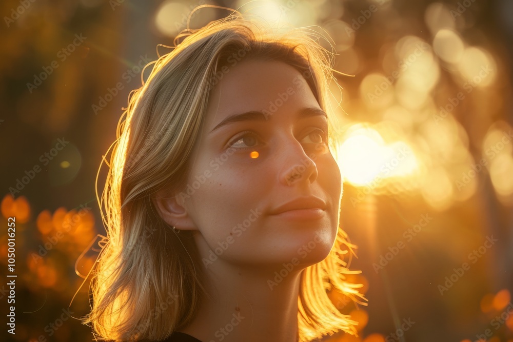A young woman smiles softly while basking in sunlight, the warm glow creating a halo effect around her hair, symbolizing hope and renewal in nature's embrace. A young woman smiles softly while basking in sunlight, the warm glow creating a halo effect around her hair, symbolizing hope and renewal in nature's embrace.