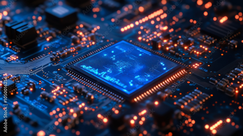 Intricate blue microchip surrounded by glowing circuits on a computer motherboard at close range Intricate blue microchip surrounded by glowing circuits on a computer motherboard at close range