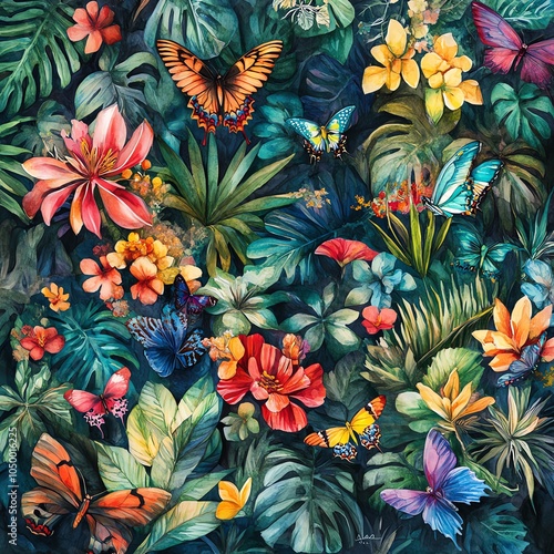 Illustrate an intricate overhead shot of a lush botanical garden filled with exotic plants and colorful butterflies, depicted in a vivid watercolor style