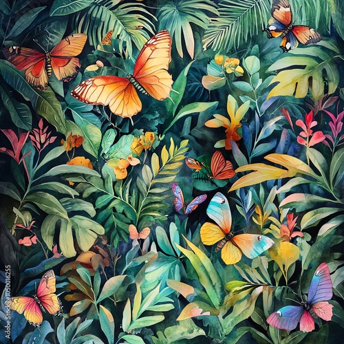 Illustrate an intricate overhead shot of a lush botanical garden filled with exotic plants and colorful butterflies, depicted in a vivid watercolor style