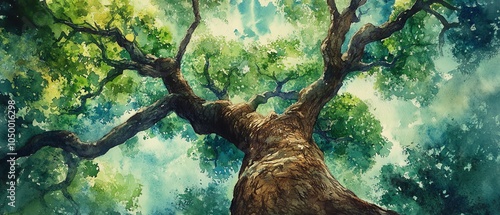 Illustrate an intriguing worms-eye view of a majestic ancient tree in a lush forest, symbolizing natures equity, enhanced with vibrant watercolors for depth and richness