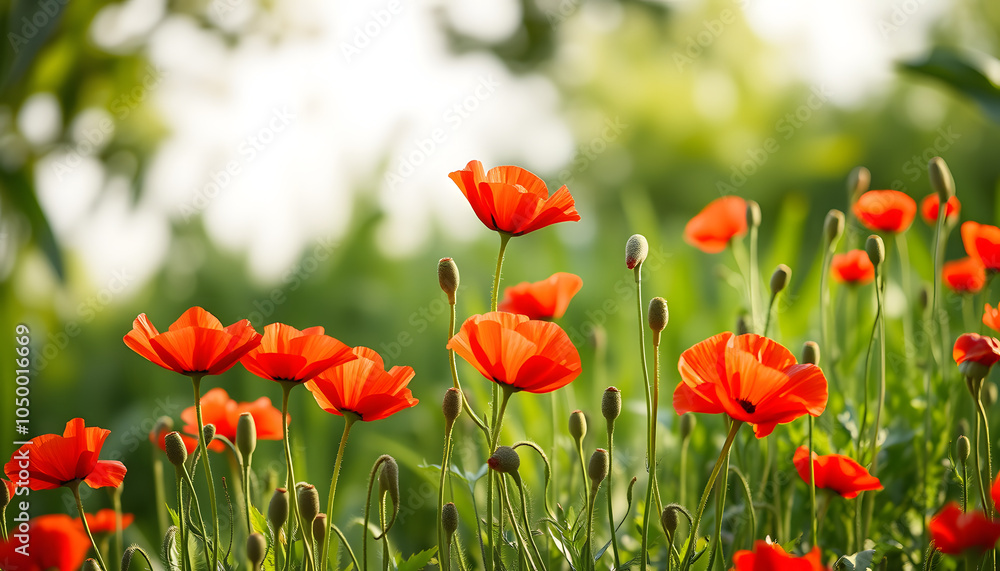 Fototapeta premium red poppies in the garden isolated with white highlights, png