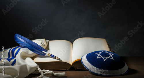 Open book with prayer shawl and kippah symbolizing religious study and reflection in a serene setting photo