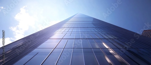 Render a dynamic, tilted-angle view of a sleek skyscraper symbolizing growth