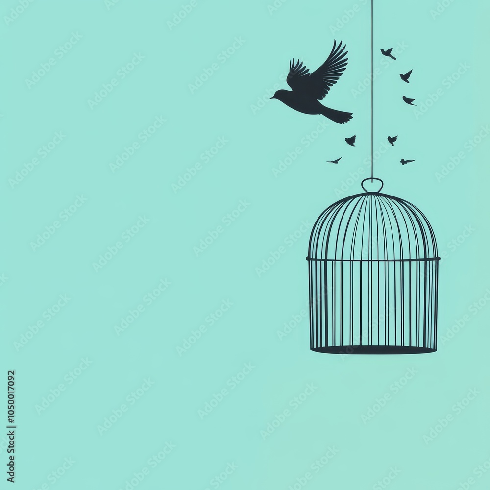 Fototapeta premium A solitary bird escapes from an empty cage against a soft turquoise background, symbolizing freedom and hope.