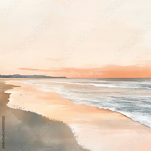 Render a panoramic view of a tranquil beach at sunset, with gentle waves and loan stretching into the distance, created in a soft watercolor style for a dreamy touch