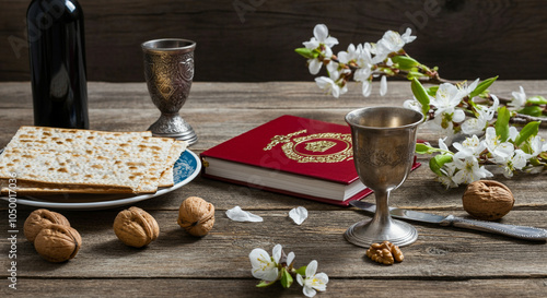 Passover Seder table setup with matzo wine flowers and traditional elements for celebration photo