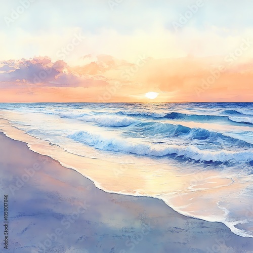 Render a panoramic view of a tranquil beach at sunset, with gentle waves and loan stretching into the distance, created in a soft watercolor style for a dreamy touch