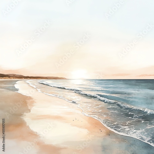 Render a panoramic view of a tranquil beach at sunset, with gentle waves and loan stretching into the distance, created in a soft watercolor style for a dreamy touch