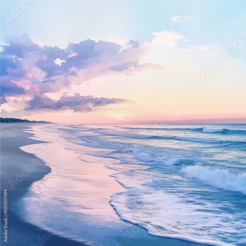 Render a panoramic view of a tranquil beach at sunset, with gentle waves and loan stretching into the distance, created in a soft watercolor style for a dreamy touch