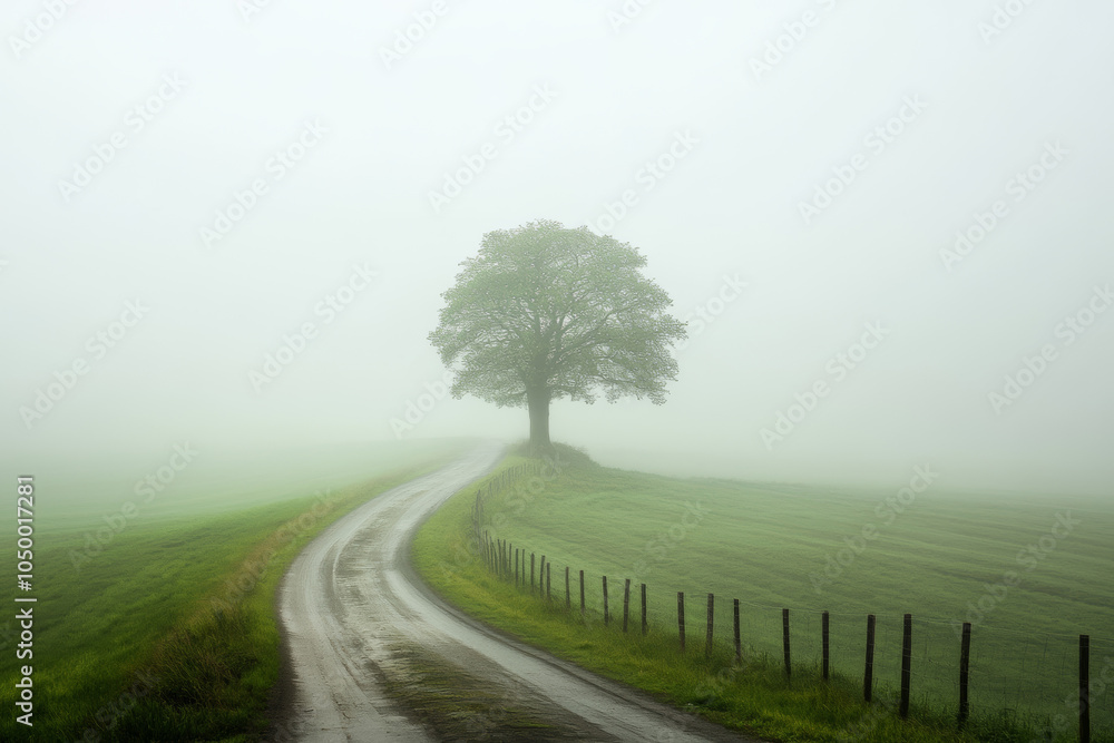 A solitary tree stands by a winding road in a misty landscape during early morning light A solitary tree stands by a winding road in a misty landscape during early morning light