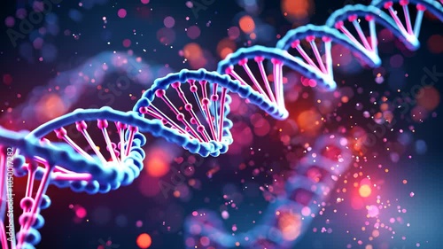 DNA double helix on dark background particles flying, scientific illustration genetics concept