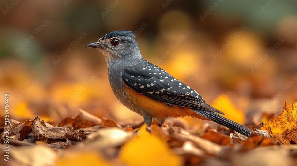 A small, colorful bird with a gray head, white spots, and an orange belly stands on a bed of autumn leaves. A small, colorful bird with a gray head, white spots, and an orange belly stands on a bed of autumn leaves.