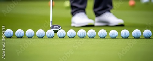 Accurate putting practice with multiple balls lined up, golfer s stance visible photo