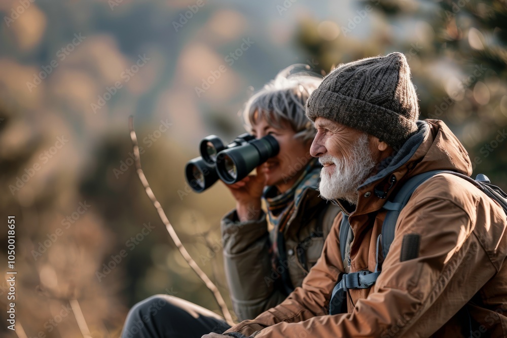 Fototapeta premium An elderly couple sits comfortably outdoors, gazing through binoculars into the distance, deeply immersed in birdwatching activity amidst stunning natural scenery.