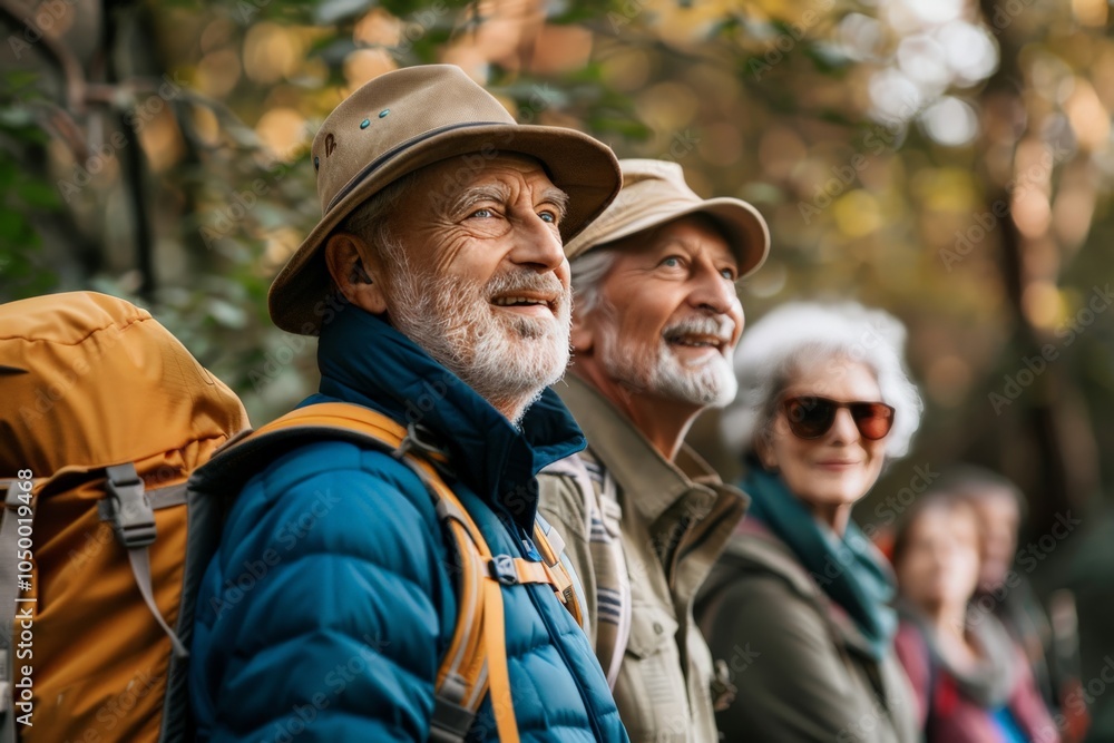 A joyful group of elderly people enjoys a hike through an outdoor setting, showcasing adventure, companionship, and an active lifestyle in nature, embracing their journey. A joyful group of elderly people enjoys a hike through an outdoor setting, showcasing adventure, companionship, and an active lifestyle in nature, embracing their journey.