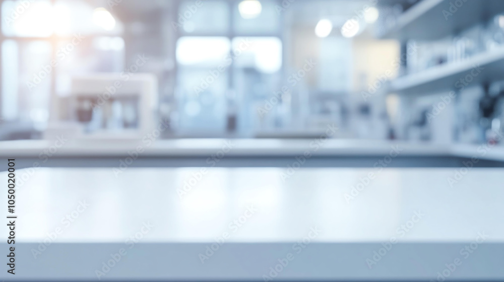 Empty white laboratory table workspace with clear natural light blurred background with modern interior design chemistry medicine technology research equipment experiment hospital science innovation Empty white laboratory table workspace with clear natural light blurred background with modern interior design chemistry medicine technology research equipment experiment hospital science innovation