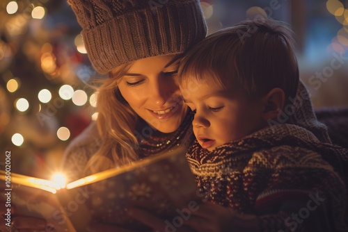 A mother and child, warmly dressed, share a magical storybook moment by a cozy fireside, surrounded by glowing festive lights, creating a cherished memory. photo