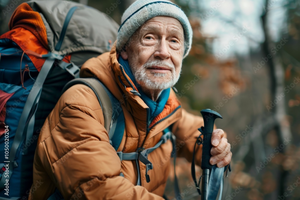 Fototapeta premium An elderly man with hiking gear stands in an autumn forest, showcasing the spirit of adventure and resilience in nature’s colorful embrace, enjoying the crisp air.