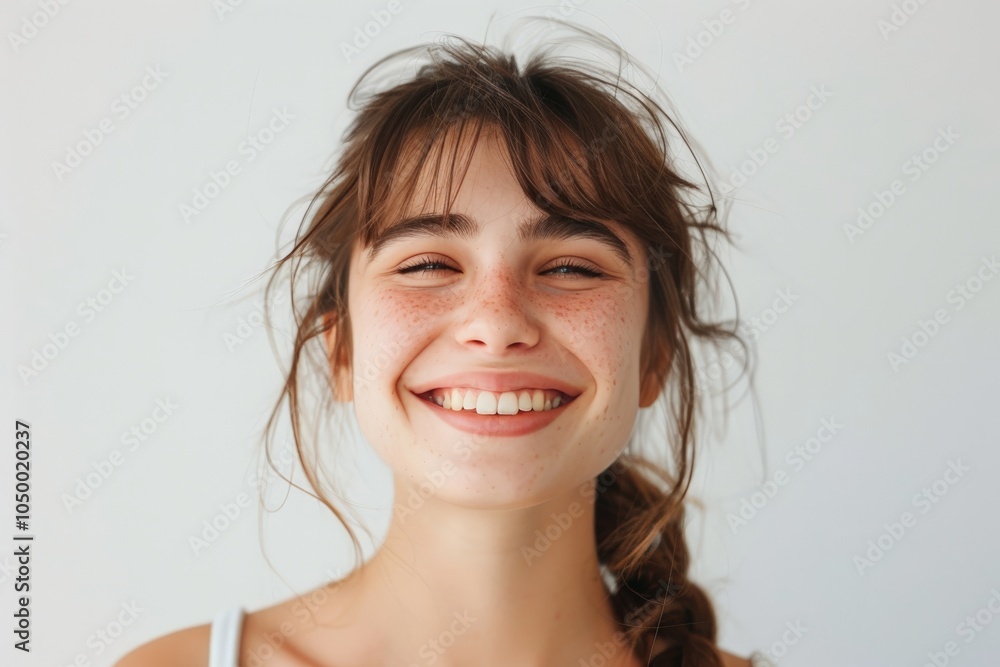 A joyful girl with freckles beams a wide smile, representing happiness and innocence, exuding positivity against a plain white backdrop, capturing youthful energy. A joyful girl with freckles beams a wide smile, representing happiness and innocence, exuding positivity against a plain white backdrop, capturing youthful energy.