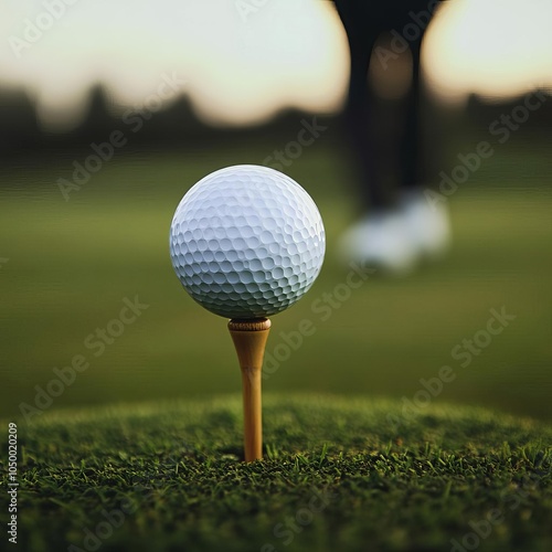 Close-up of ball balanced on tee, golfer s silhouette visible, backlit photo