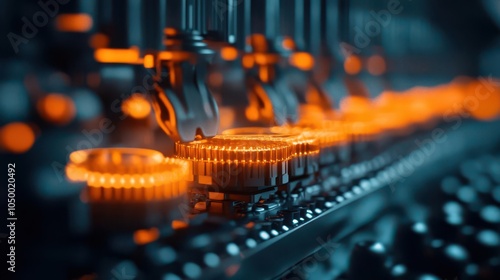 Close-up of industrial machinery with glowing gears, emphasizing modern technology and automation against a blurred background. photo