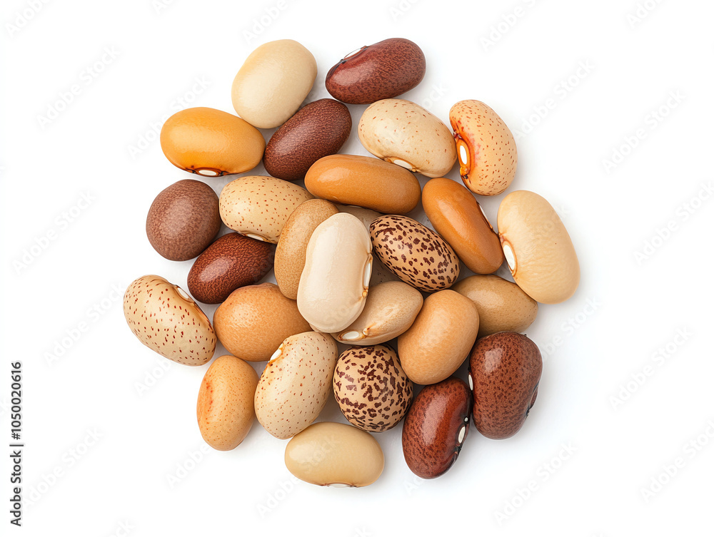 Obraz premium Colorful and diverse beans arranged on white background, showcasing various shapes and sizes. This vibrant collection highlights natural beauty and variety of legumes, perfect for culinary or